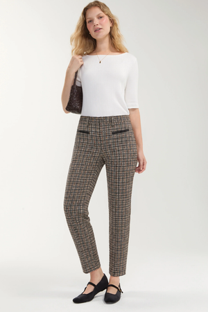 Mid-Rise Trouser with Faux Leather Trim — Black/Tan Check