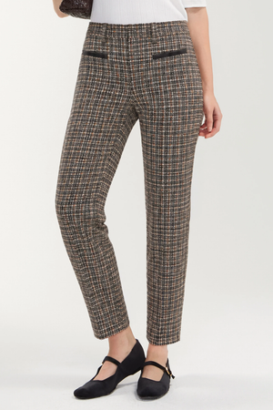 Mid-Rise Trouser with Faux Leather Trim — Black/Tan Check