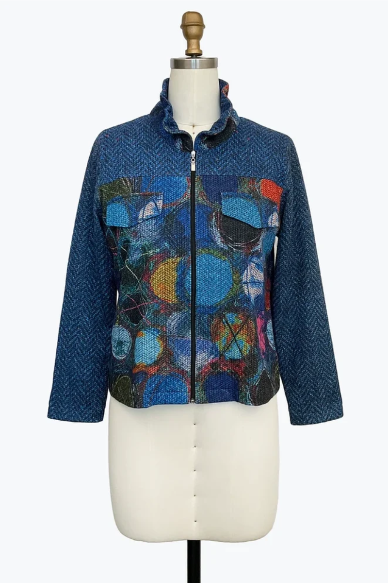 Ruffle Collar Zip Jacket — Blue Multi
