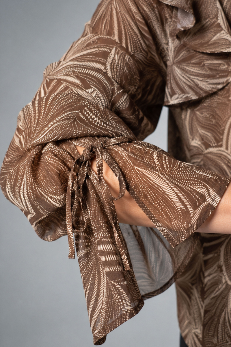 Long Sleeve Double Ruffle V-Neck Blouse — Dark Espresso