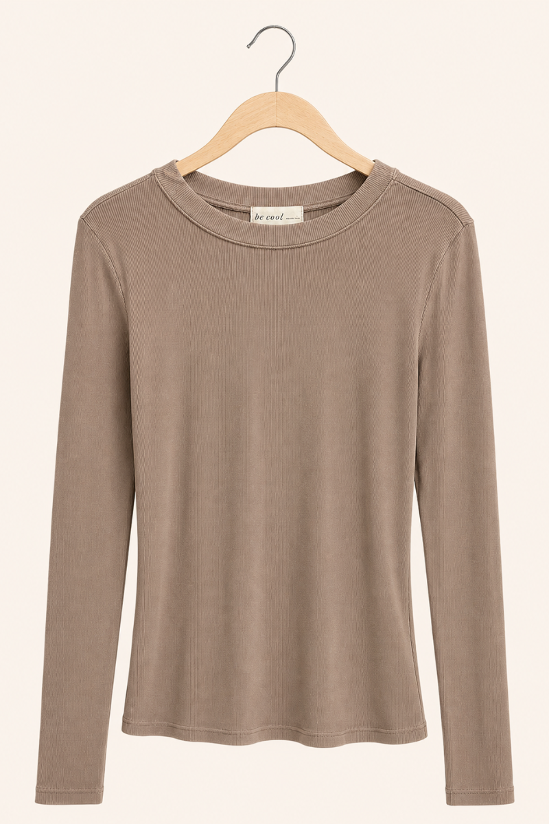 Long Sleeve Ribbed Crewneck — Dark Brown