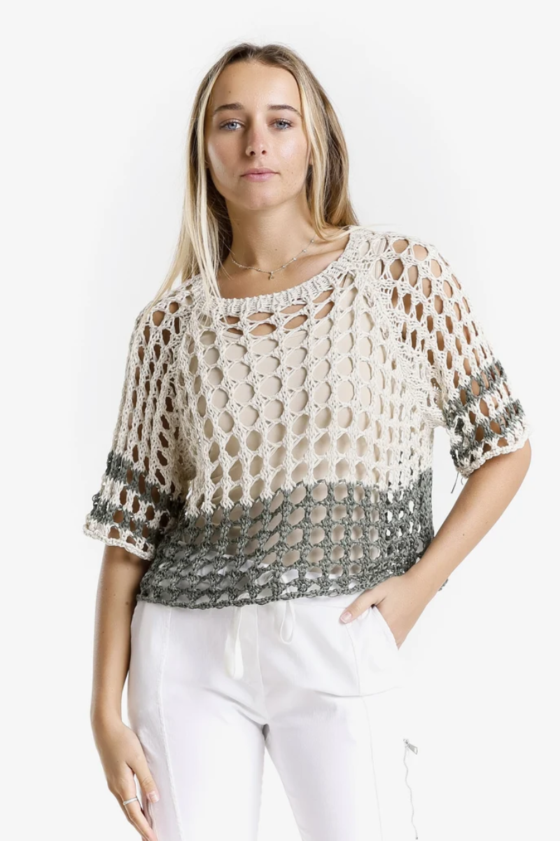 Doris Two-Tone Loose Knit Sweater — Army/Sand