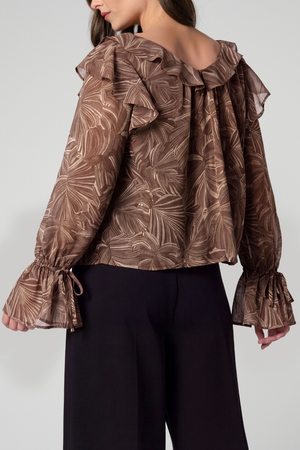 Long Sleeve Double Ruffle V-Neck Blouse — Dark Espresso