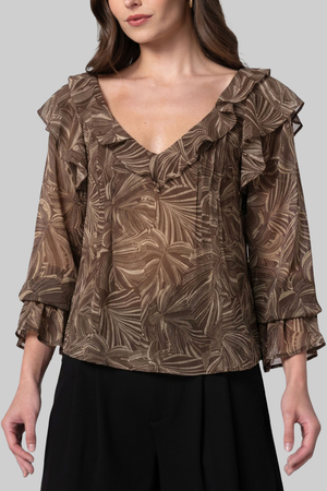 Long Sleeve Double Ruffle V-Neck Blouse — Dark Espresso