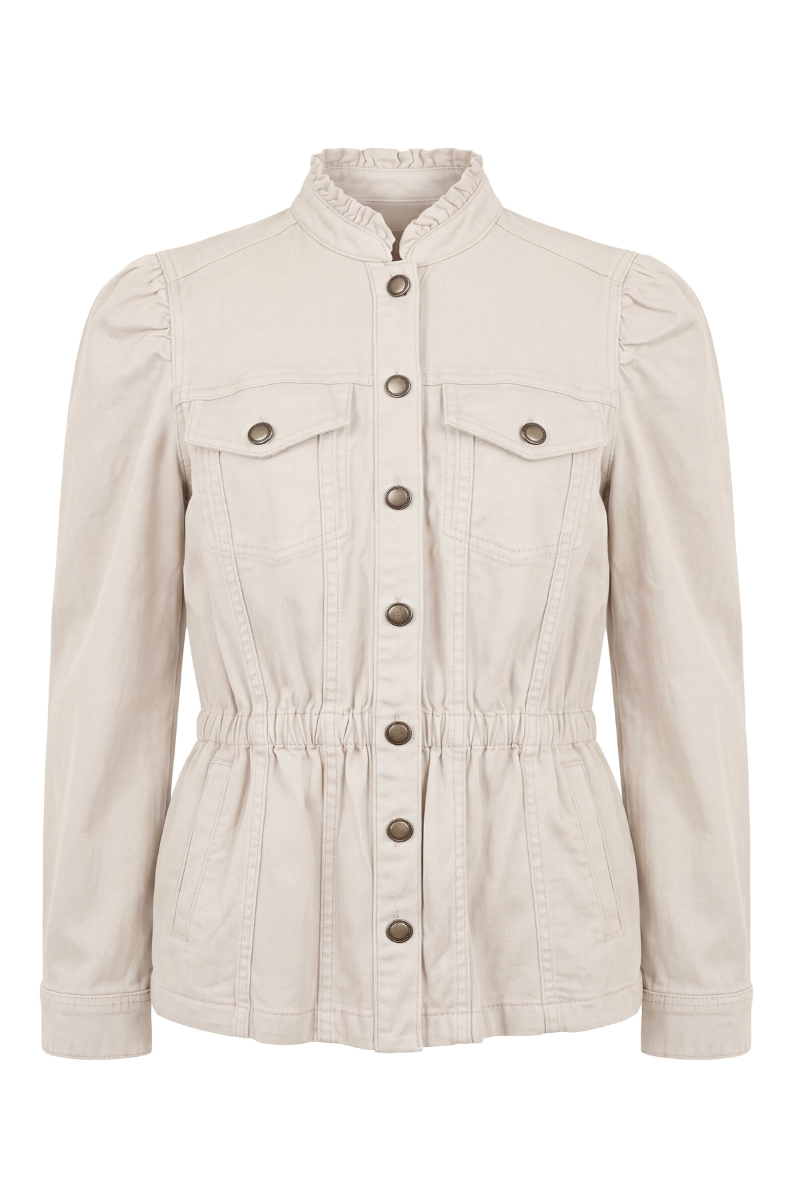 Puff Sleeve Trucker Jacket with Ruffle Collar — Bone
