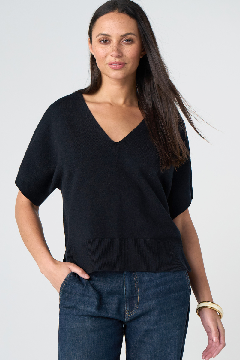 Short Sleeve V-Neck Dolman — Black