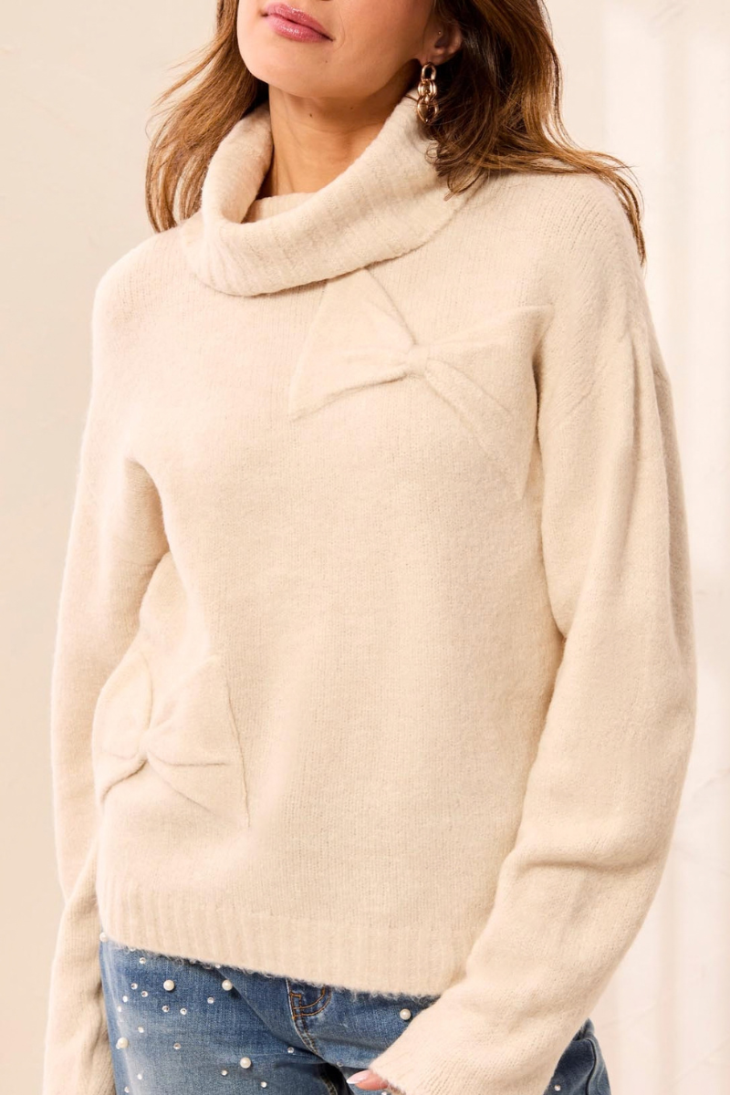 T-Neck Bow Detail Sweater — Cream