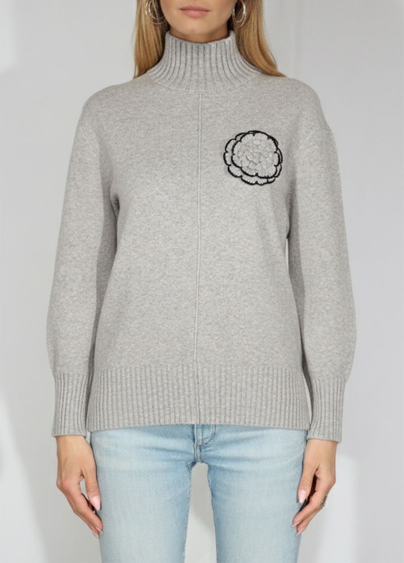 Hi-Low Mock Neck Sweater with Flower Detail — Heather Taupe