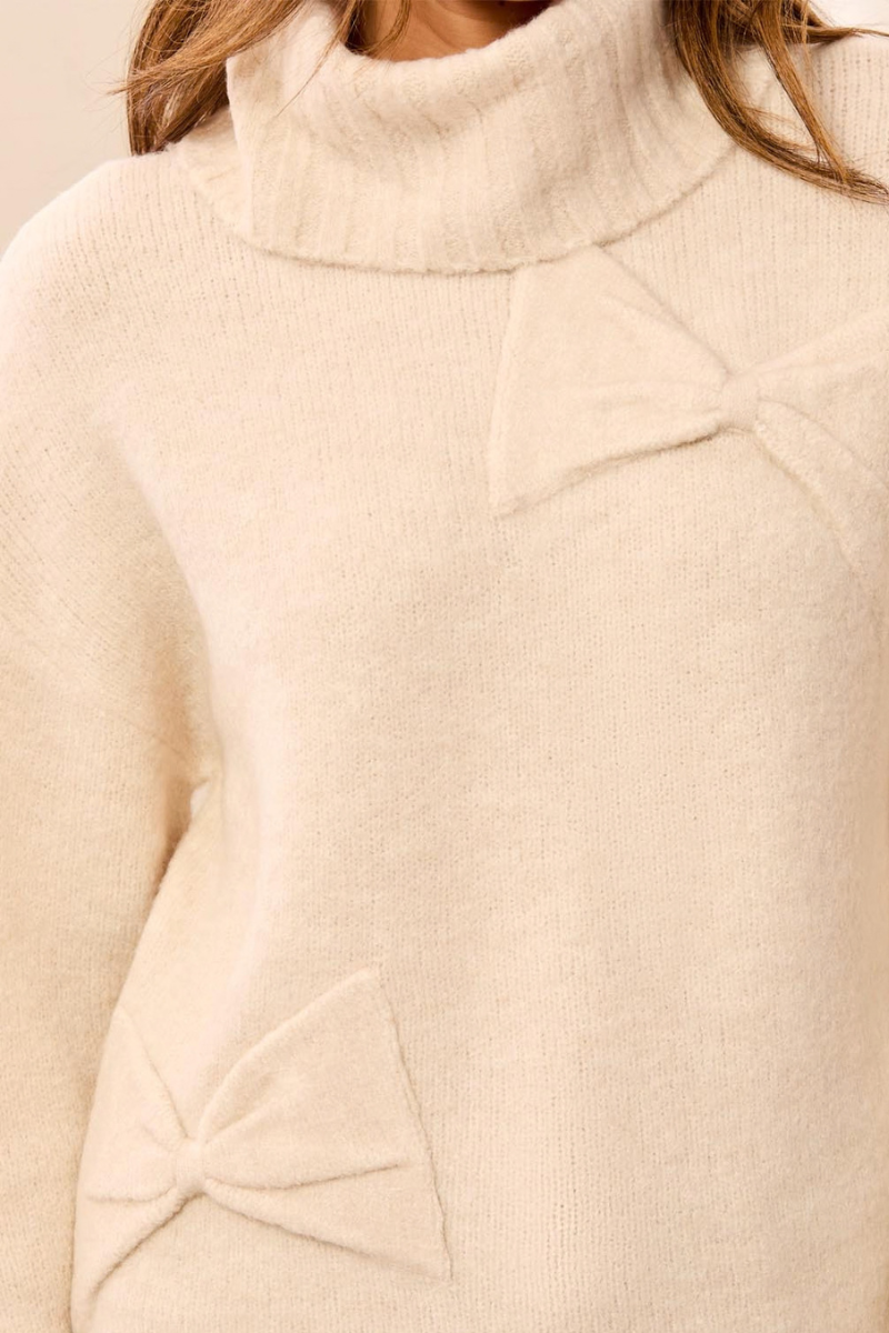 T-Neck Bow Detail Sweater — Cream