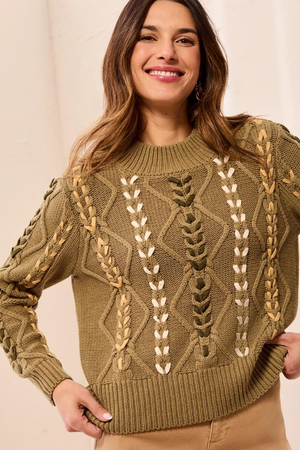 Long Sleeve Mock Neck Cable Sweater — Aloe