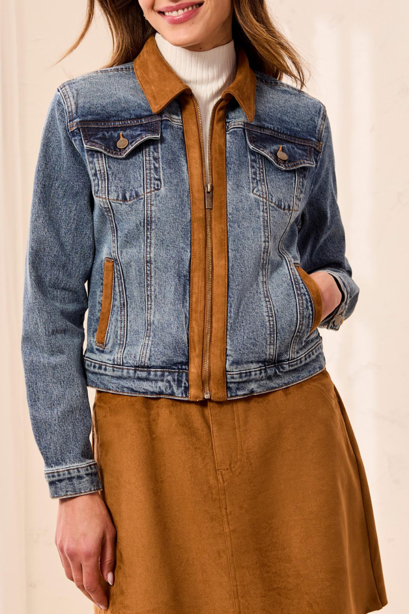 Zip Front Denim Jacket with Suede Trim — Moonlight