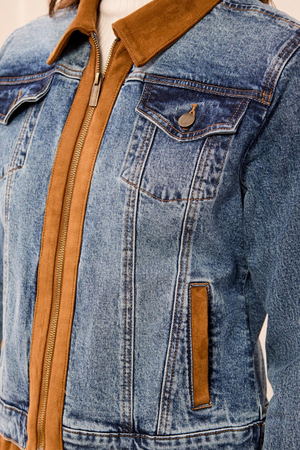 Zip Front Denim Jacket with Suede Trim — Moonlight