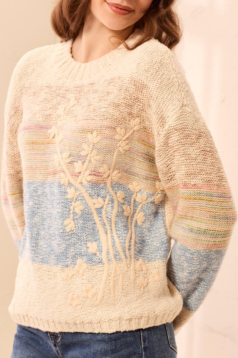 Long Sleeve Embroidered Sweater — Azure