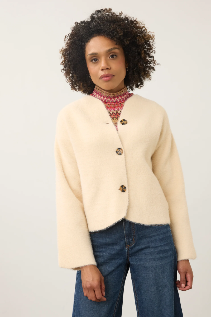 Collarless Knit Jacket — Creme