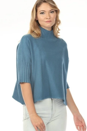 Three-Quarter Sleeve Mock Neck Sweater — Teal