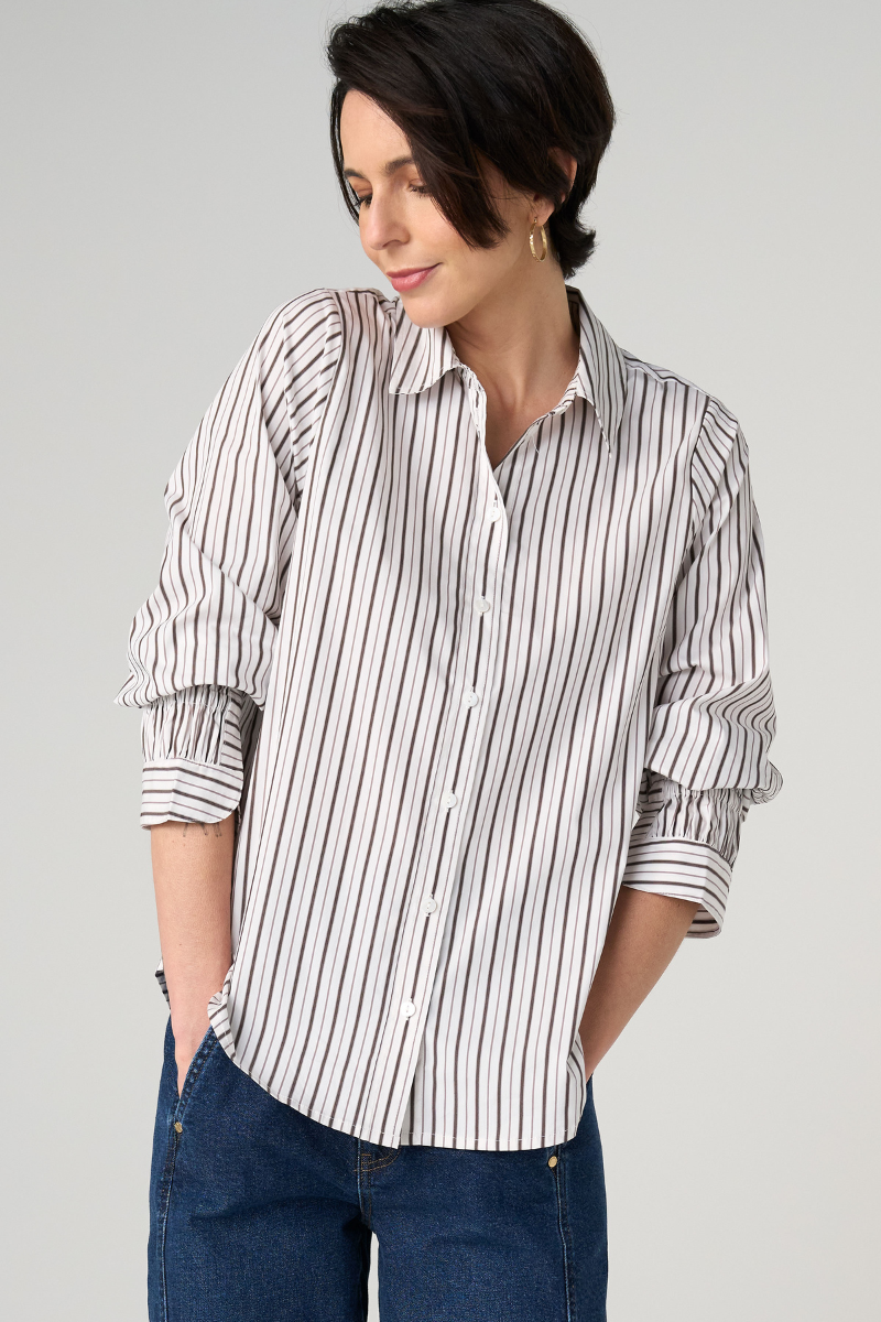 Adjustable Sleeve Button Front Top — Cream