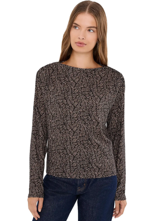 Long Sleeve Jewel Neck Top with Shirring — Tan/Black