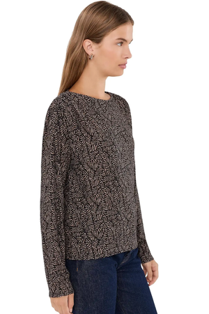 Long Sleeve Jewel Neck Top with Shirring — Tan/Black