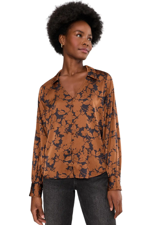 Long Sleeve Button Front Blouse — Black/Copper