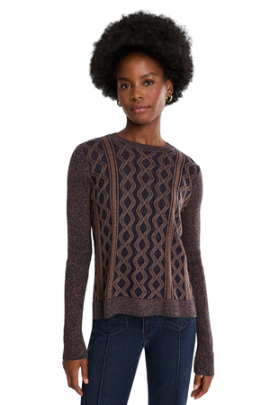 Long Sleeve Crew Neck Sweater — Navy/Brown