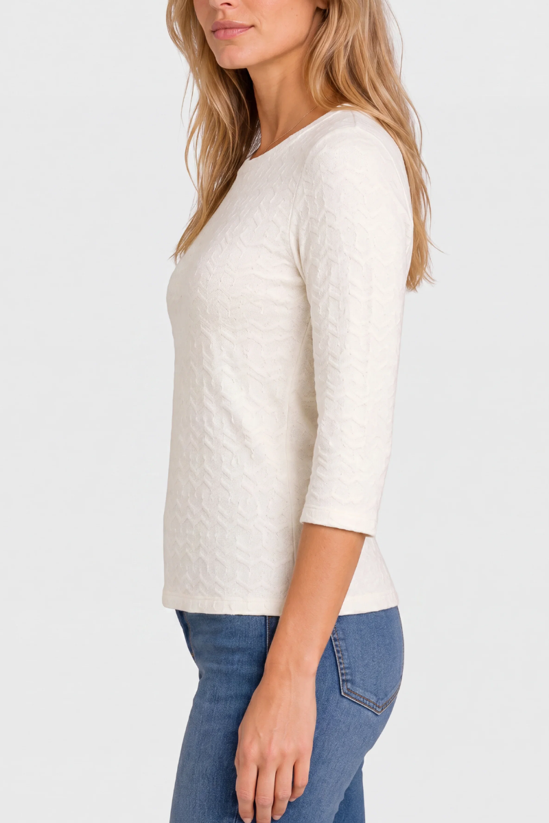 Three-Quarter Sleeve Crew Neck Top with Rib Trim — French Vanilla