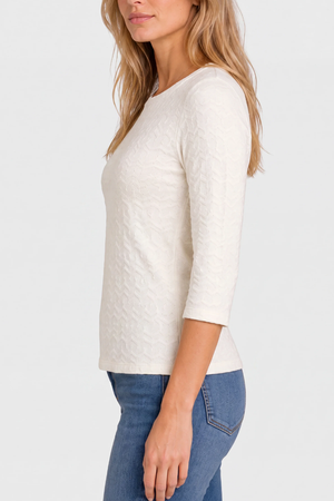 Three-Quarter Sleeve Crew Neck Top with Rib Trim — French Vanilla