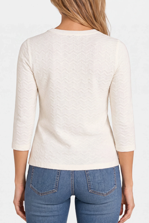 Three-Quarter Sleeve Crew Neck Top with Rib Trim — French Vanilla