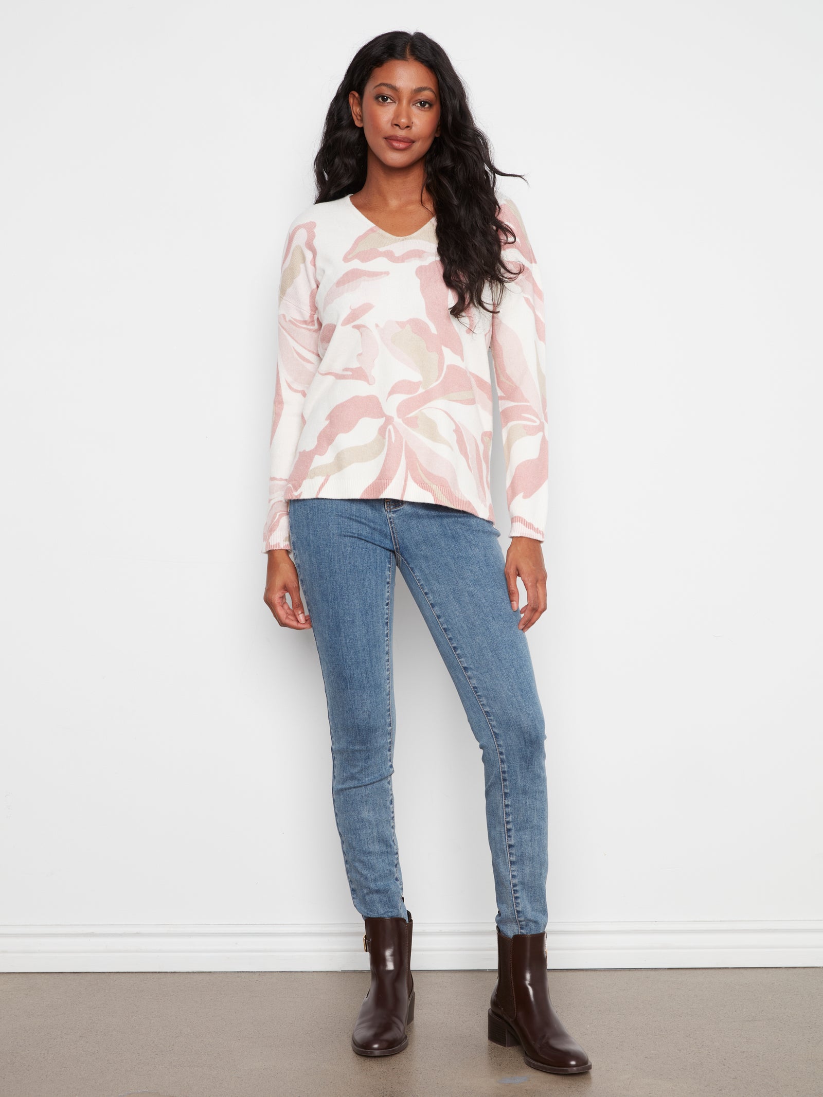 V-Neck Abstract Print Sweater