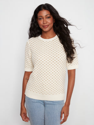 Short Sleeve Sweater with Gold Detail — Ecru