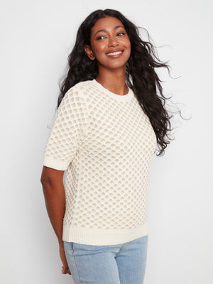 Short Sleeve Sweater with Gold Detail — Ecru