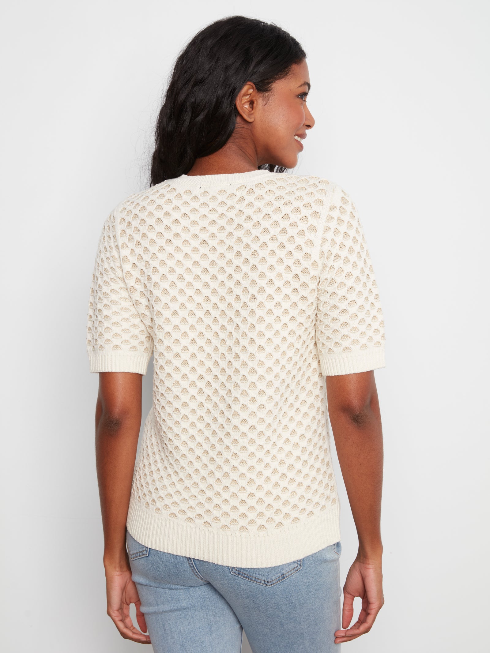 Short Sleeve Sweater with Gold Detail — Ecru