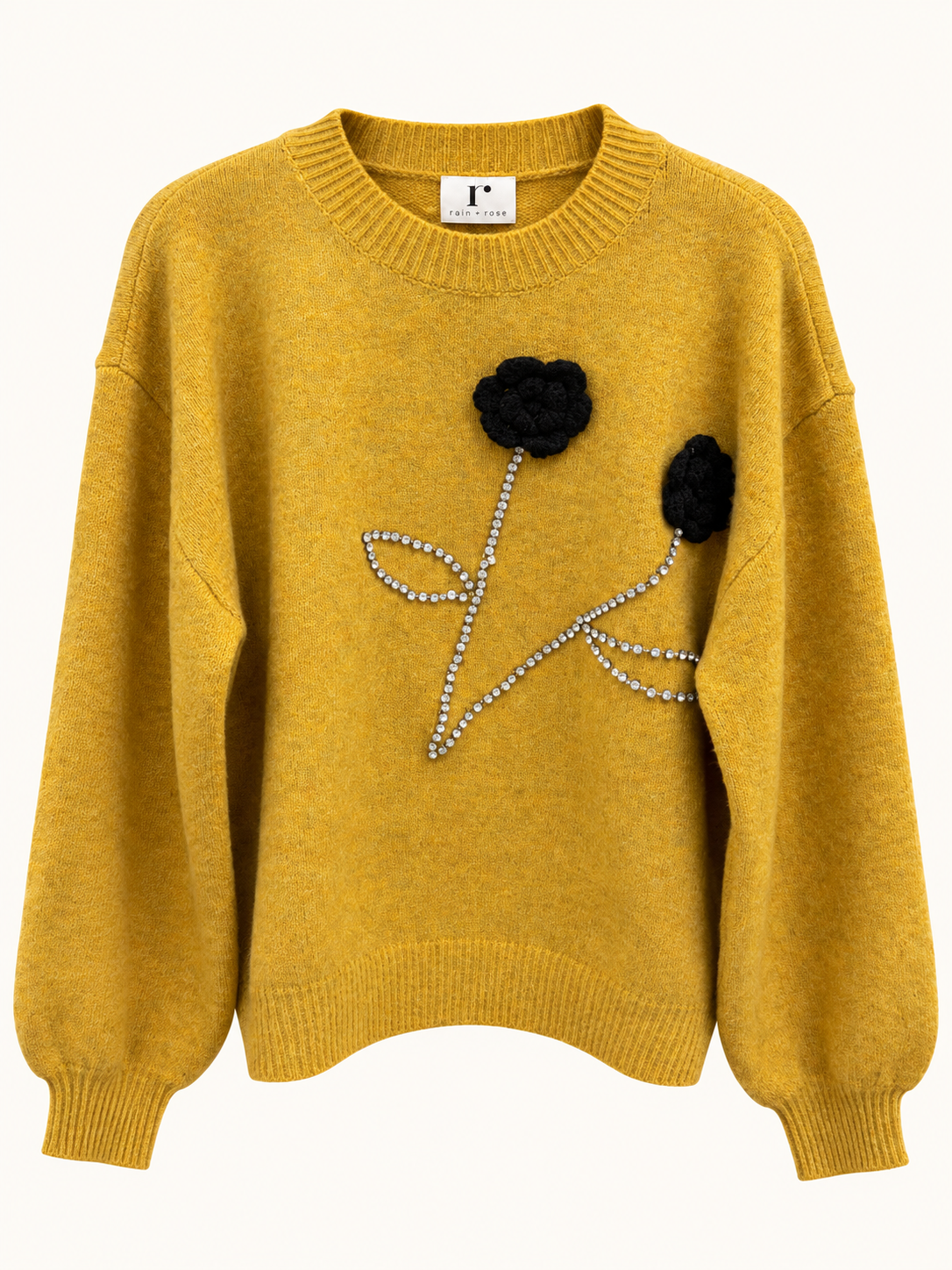 Pullover Sweater with Crystal Flowers — Mustard