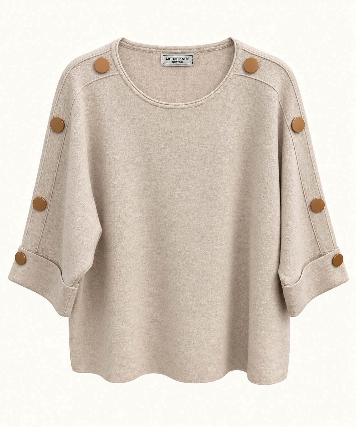 Shorter Crew Neck Sweater with Button Sleeve — Oatmeal