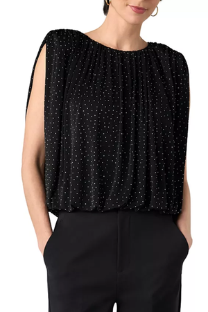 Sleeveless Draped Top with Shoulder Pads — Black/Silver