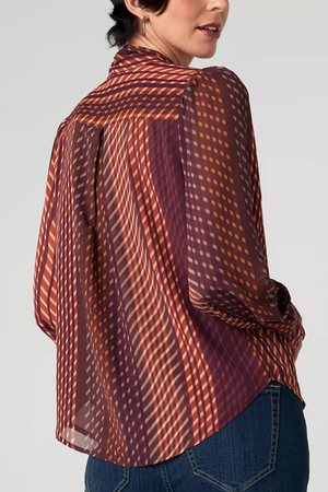 Long Sleeve Blouse with Neck Tie — Burgundy Multi