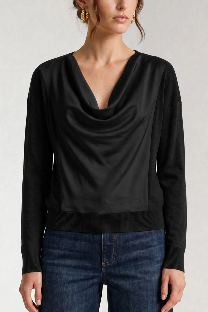Long Sleeve Drape Neck Sweater — Black