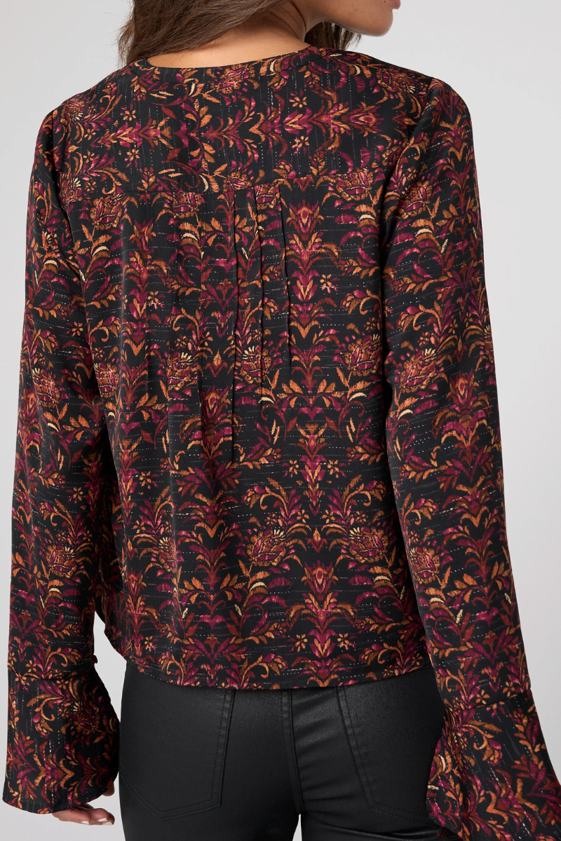 Band Collar Top with Pintuck — Black/Burgundy