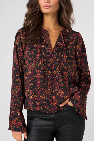 Band Collar Top with Pintuck — Black/Burgundy
