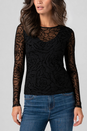Long Sleeve Layered Top with V Detail — Black
