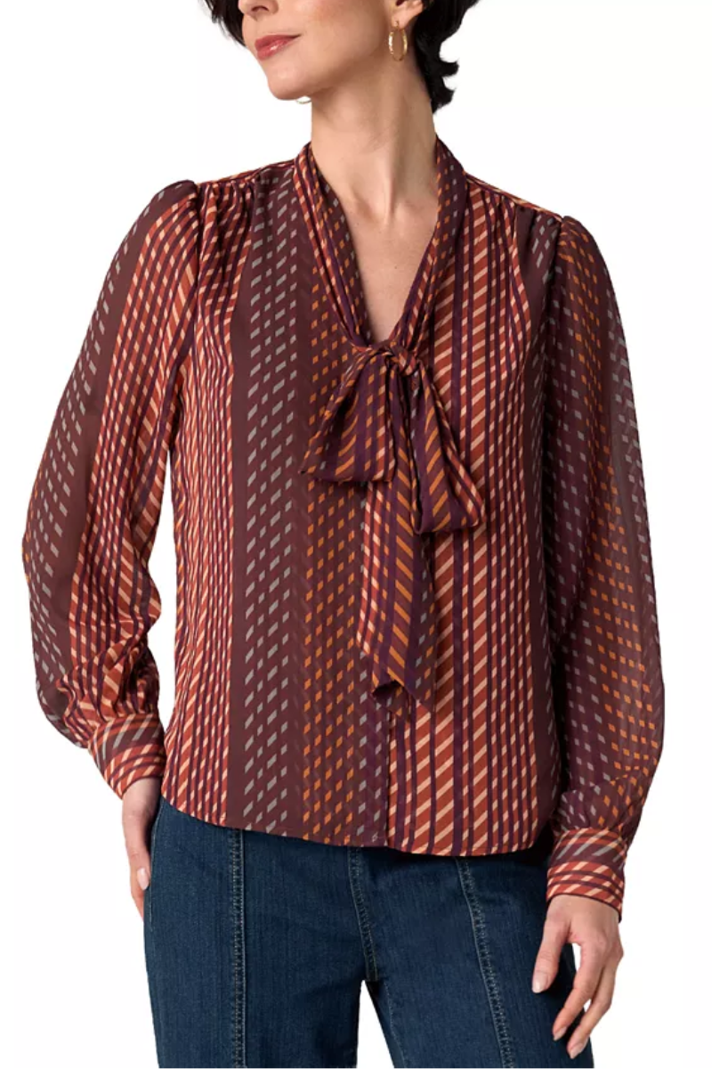 Long Sleeve Blouse with Neck Tie — Burgundy Multi