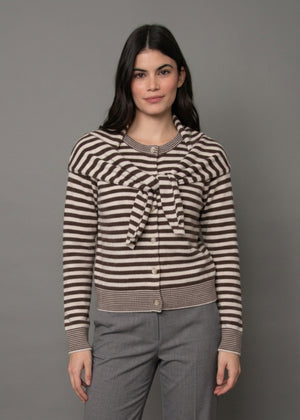Neela Long Sleeve Striped Sweater with Scarf — Coffee Bean/Sea Pearl
